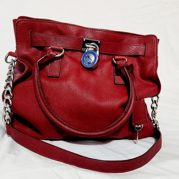 Michael Kors MK Large Hamilton - Red - Leather Bag with Silver Trim Nice - Picture 7 of 12